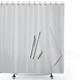 Personality  Top View Of Envelope With Pen And Pencil On White Surface For Mockup Shower Curtains
