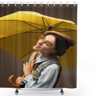 Personality  Positive Young Woman In Beret And Eyeglasses Holding Yellow Umbrella On Grey Shower Curtains