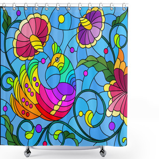 Personality  Stained Glass Illustration With A Bright Abstract Bird On A Background Of Leaves, Flowers And Blue Sky, Rectangular Image Shower Curtains