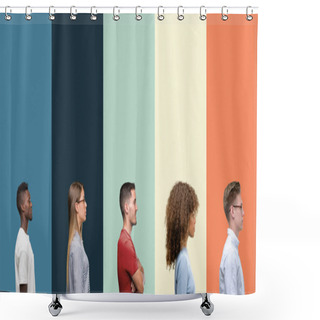 Personality  Group Of People Over Vintage Colors Background Looking To Side, Relax Profile Pose With Natural Face With Confident Smile. Shower Curtains