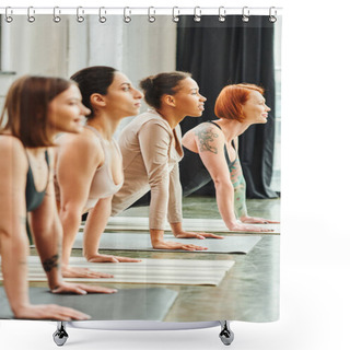 Personality  Positive And Multicultural Female Friends In Sportswear Looking Forward While Meditating In Cobra Pose During Yoga Class In Gym, Harmony And Mental Health Concept Shower Curtains