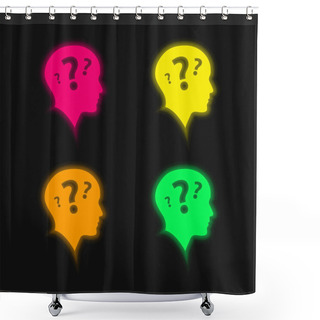 Personality  Bald Head Side View With Three Question Marks Four Color Glowing Neon Vector Icon Shower Curtains