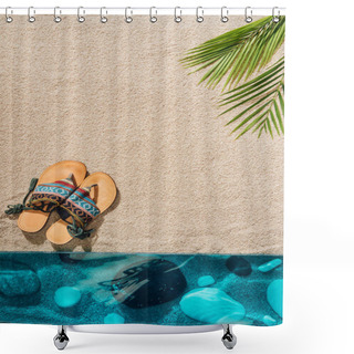 Personality  Top View Of Stylish Flip Flops On Sandy Beach Shower Curtains