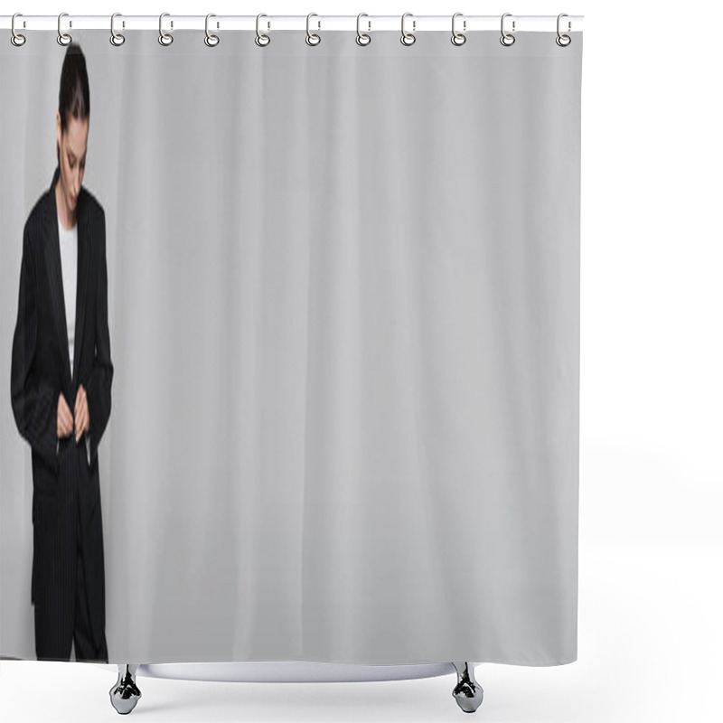Personality  Trendy Model Buttoning Stripped Jacket Isolated On Grey, Banner  Shower Curtains