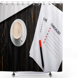 Personality  Top View Of Papers With Checklist And Red Marker Pen Near Cup Of Coffee On Table  Shower Curtains