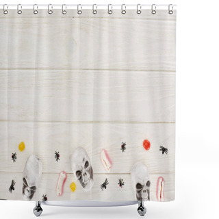 Personality  Top View Of Bonbons, Gummy Teeth, Skulls And Spiders On White Wooden Table With Copy Space, Halloween Treat Shower Curtains