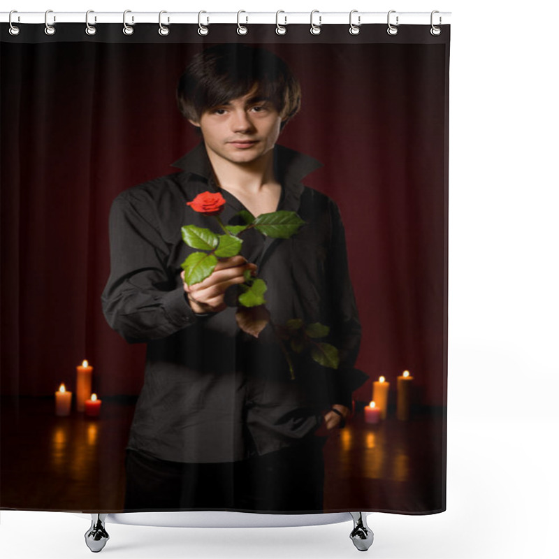 Personality  Young Man With Rose In Black Shirt On Red Backg Shower Curtains