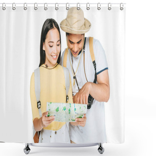 Personality  Two Young Asian Tourists Smiling While Looking At Map Isolated On White Shower Curtains