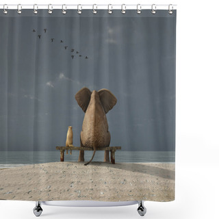 Personality  Elephant And Dog Sit On A Deserted Beach Shower Curtains