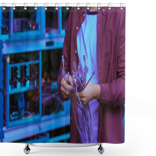Personality  Cropped Shot Of Computer Engineer With Ethernet Wires At Ethereum Mining Farm Shower Curtains