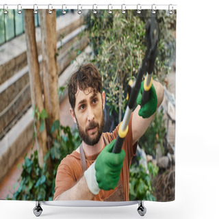 Personality  Overhead View Of Gardener In Apron Cutting Branch On Tree With Big Gardening Scissors In Greenhouse Shower Curtains