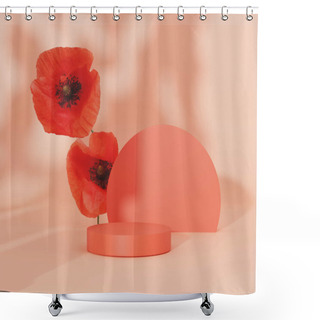 Personality  3D Podium Pedestal With Natural Red Poppy Field Flower And Round Frame. Display Showcase With Copy Space On Coral Background. Orange Abstract Mockup For Banner. Trendy 3D Render Illustration Template  Shower Curtains