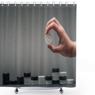 Personality  Cropped View Of Woman Holding White Checker With Checkers Isolated On Grey Shower Curtains