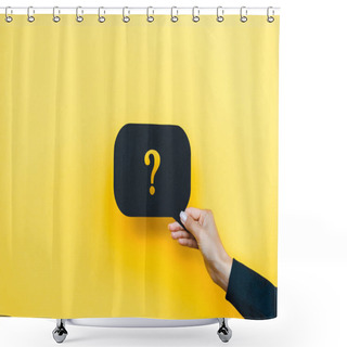 Personality  Cropped View Of Woman Holding Black Speech Bubble With Question Mark On Orange  Shower Curtains