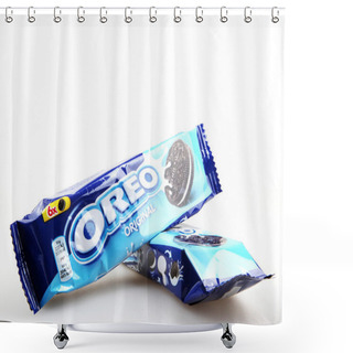 Personality  AYTOS, BULGARIA - OCTOBER 04, 2015: Oreo Isolated On White Background. Oreo Is A Sandwich Cookie Consisting Of Two Chocolate Disks With A Sweet Cream Filling In Between. Shower Curtains