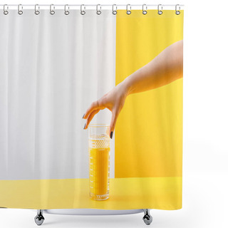 Personality  Cropped View Of Woman Holding Glass Of Fresh Delicious Yellow Smoothie On Grey And Yellow Background Shower Curtains