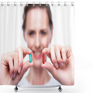 Personality  Woman With Red And Blue Pills Shower Curtains