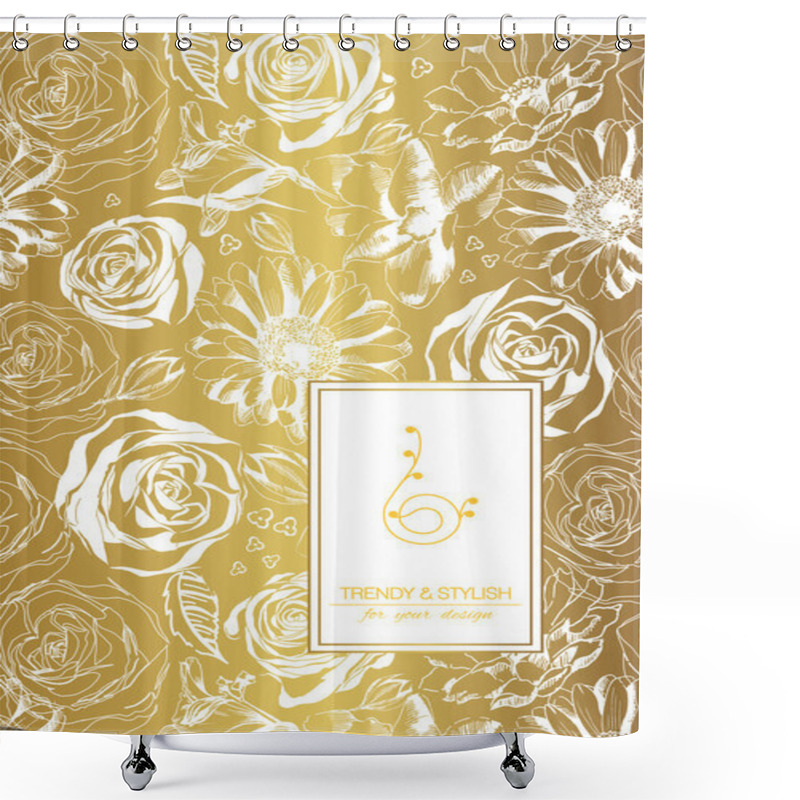 Personality  Elegant Floral Card With Lace Ornament And Place For Text. Flowers On Gold Background. Vector Illustration.  Shower Curtains