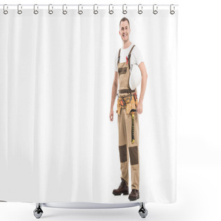 Personality  Smiling Adult Builder With Aids Awareness Red Ribbon On Overall Looking At Camera Isolated On White Shower Curtains