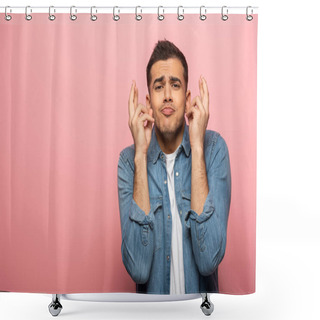 Personality  Handsome Man With Facial Expression And Crossed Fingers Looking At Camera On Pink Background Shower Curtains