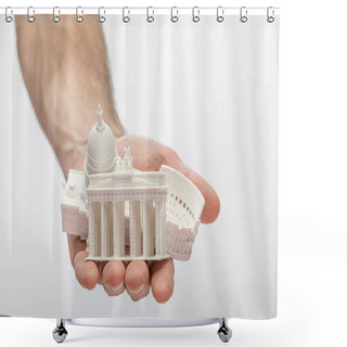 Personality  Cropped View Of Man Holding Souvenirs From Different Countries Isolated On White  Shower Curtains