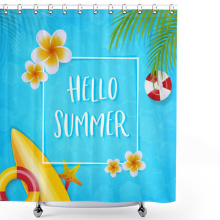Personality  Summer Beach Concept Infographic, Vector Illustrator With Flower, Coconut Leaves And Summer Beach Accessories On Light Blue Background    Shower Curtains