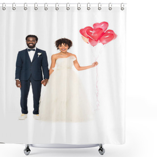 Personality  Cheerful African American Bridegroom Holding Hands With Happy Bride With Balloons Isolated On White  Shower Curtains