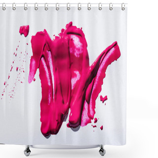 Personality  Top View Of Pink Lipstick Brushstrokes On White Background Shower Curtains