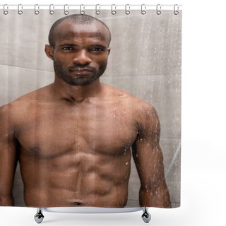 Personality  Handsome Young Bare-chested African American Man Looking At Camera While Standing In Shower Shower Curtains