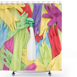 Personality  Top View Of Messy Scattered Multicolored Rubber Gloves And White Spray Bottle With Cleanser On Green Background Shower Curtains
