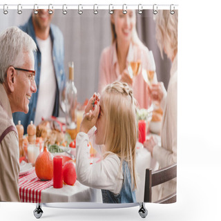 Personality  Selective Focus Of Smiling Grandfather Playing With Granddaughter In Thanksgiving Day    Shower Curtains