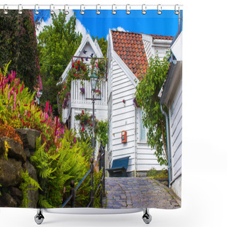 Personality  Old Street With White Wooden Houses With Tiled Roofs In The Cent Shower Curtains