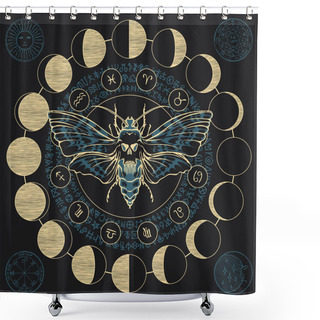 Personality  Hand-drawn Scary Butterfly Moth Dead Head On The Background Of Magical Symbols And Zodiac Signs, Moon Phases In A Circle. Witchcraft, Occult Attributes, Alchemical Signs. Shower Curtains