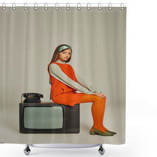 Personality  Trendy Woman In Retro Style Clothes Sitting On Vintage Tv Set Near Corded Phone On Grey, Full Length Shower Curtains