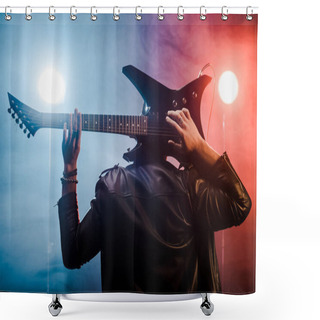 Personality  Rear View Of Male Musician In Leather Jacket Playing On Electric Guitar Behind Head On Stage Shower Curtains