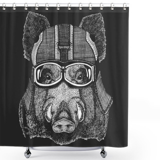 Personality  Portrait Of Wild Hog, Boar, Pig. Vintage Motorcycle Leather Helmet. Face Of Brave Animal. Shower Curtains