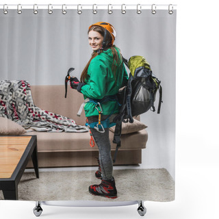 Personality  Beautiful Climber In Helmet With Climbing Equipment At Home Shower Curtains