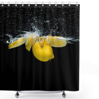 Personality  Close Up View Of Fresh Lemon Pieces In Water With Splashes Isolated On Black Shower Curtains