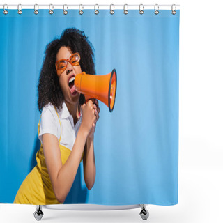 Personality  Agitated African American Woman In Trendy Eyeglasses Screaming In Megaphone On Blue Shower Curtains