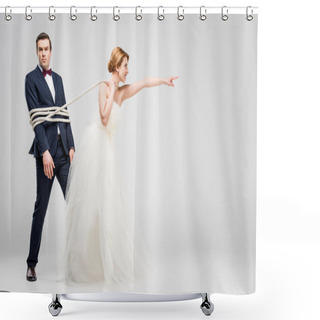 Personality  Bride Pointing And Pulling Groom Bound With Rope, Isolated On Grey, Feminism Concept Shower Curtains