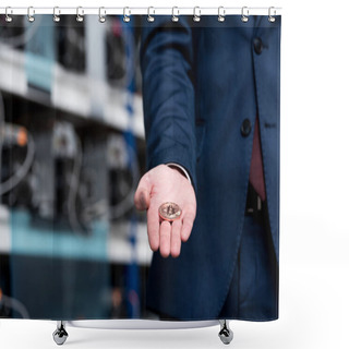 Personality  Cropped Shot Of Businessman Holding Bitcoin At Cryptocurrency Mining Farm Shower Curtains