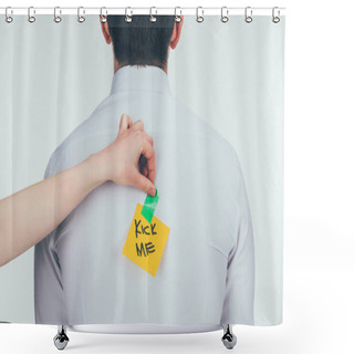 Personality  Cropped Shot Of Woman Putting Note With Kick Me Lettering On Males Back, 1 April Holiday Concept Shower Curtains