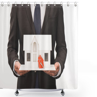 Personality  Cropped Image Of Man Holding Maquette Of House With Key Isolated On White Shower Curtains