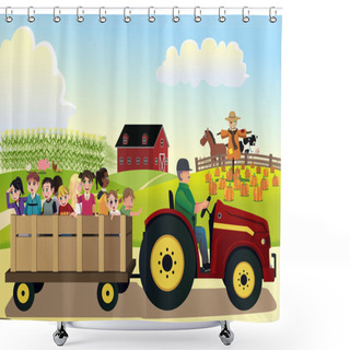 Personality  Kids Going On A Hayride In A Farm With Corn Fields In The Backgr Shower Curtains