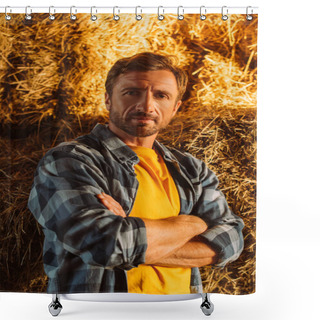 Personality  Rancher In Checkered Shirt Looking At Camera While Standing Near Hay Stack With Crossed Arms Shower Curtains