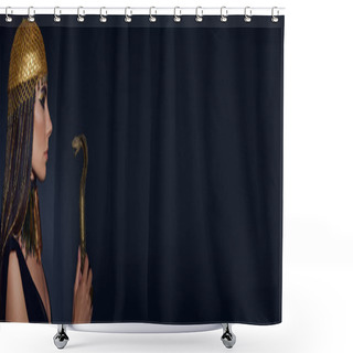 Personality  Side View Of Woman In Egyptian Headdress Holding Crook In Snake Shape On Blue Background, Banner Shower Curtains