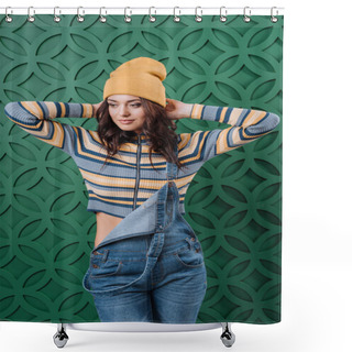 Personality  Woman Posing In Pullover, Hat And Overalls Shower Curtains