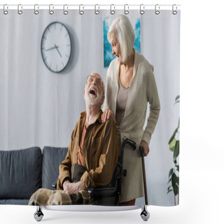 Personality  Senior Wife And Cheerful Husband In Wheelchair Laughing While Looking At Each Other Shower Curtains