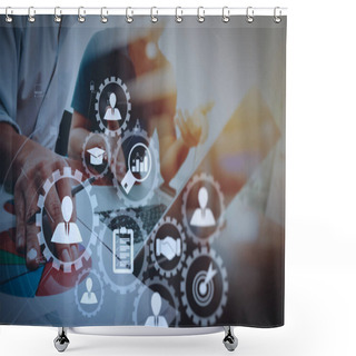 Personality  Businessman Working With Mobile Phone And Digital Tablet And Lap Shower Curtains