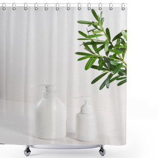 Personality  Bottles Of Shampoo And Tropical Leaf On Color Background Shower Curtains